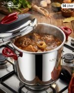 O.M.S/ONEMORE 14-liter stainless steel pressure cooker with red handles sitting on a kitchen stovetop, featuring an open lid with steaming hot meat stew inside.