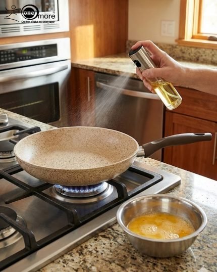 Falez granite non-stick fry pan with One More logo, showing healthy cooking with minimal oil. Made in Turkey, available in 7 sizes from 20cm to 32cm.