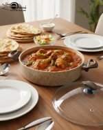 Falez 9-piece beige granite non-stick cookware set arranged on a kitchen counter, featuring a fry pan, shallow casserole, and three deep pots with glass lids, showcasing healthy low-oil cooking.