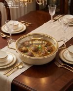 Falez 9-piece cream granite non-stick cookware set with gold handles, featuring a fry pan, sauce pan, and casseroles with glass lids, made in Turkey for healthy low-oil cooking.