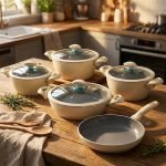 Falez 9-piece cream colored non-stick cookware set displayed on a wooden table, featuring a granite ceramic interior, glass lids with blue knobs, and a frying pan, made in Turkey.