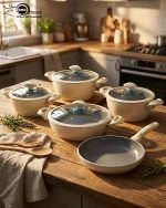 Falez 9-piece cream colored non-stick cookware set displayed on a wooden table, featuring a granite ceramic interior, glass lids with blue knobs, and a frying pan, made in Turkey.