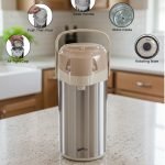 3-Liter Stainless Steel Airpot Thermos Flask with pump action dispenser and glass liner, displayed on a kitchen counter in Blue, Brown, and Green color options. Features callouts for rotating base, air-tight cap, and sleek handle.