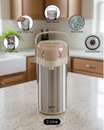 3-Liter Stainless Steel Airpot Thermos Flask with pump action dispenser and glass liner, displayed on a kitchen counter in Blue, Brown, and Green color options. Features callouts for rotating base, air-tight cap, and sleek handle.
