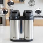 Double compartment stainless steel thermal airpot with 4-liter total capacity (2+2 liters), featuring dual pump dispensers, a carry handle, and a rotating base, shown pouring milk tea into a white cup.