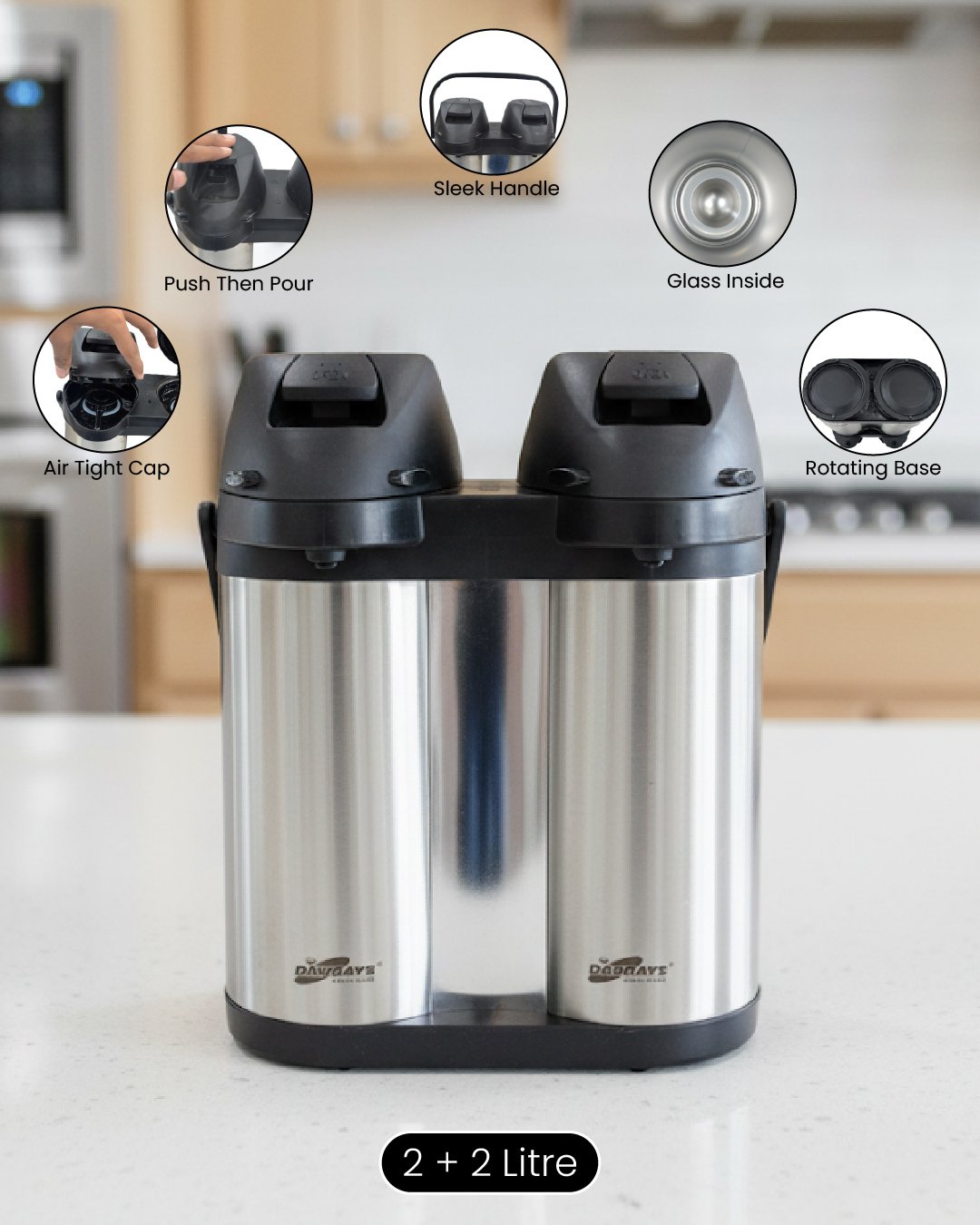 1-01 Double compartment stainless steel thermal airpot with 4-liter total capacity (2+2 liters), featuring dual pump dispensers, a carry handle, and a rotating base, shown pouring milk tea into a white cup.