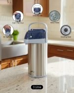 3-Liter Stainless Steel Airpot Thermos Flask with pump action dispenser and glass liner, displayed on a kitchen counter in Blue, Brown, and Green color options. Features callouts for rotating base, air-tight cap, and sleek handle.