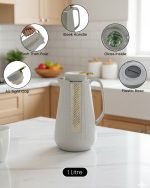 Luxury 1-Litre Geometric Texture Vacuum Flask Thermos – Glass Lined Tea & Coffee Carafe with Gold Accent – Available in Off-White, Grey & Black - Image 4