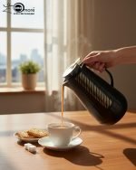 1 Litre vacuum flask thermos jug featuring a textured geometric design and gold accent strip. Shown in Off-White, Grey, and Black colors on a marble kitchen counter with callouts highlighting the glass interior, sleek handle, and air-tight cap.