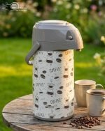 3 Liter Airpot Thermos Vacuum Flask with glass liner and pump dispenser, available in White, Brown, and Dark Brown with coffee print, featuring a rotating base and carry handle for tea and coffee storage.