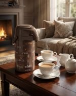 3 Liter Airpot Thermos Vacuum Flask with glass liner and pump dispenser, available in White, Brown, and Dark Brown with coffee print, featuring a rotating base and carry handle for tea and coffee storage.