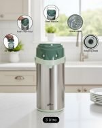 3-Liter Stainless Steel Airpot Thermos Flask with pump action dispenser and glass liner, displayed on a kitchen counter in Blue, Brown, and Green color options. Features callouts for rotating base, air-tight cap, and sleek handle.