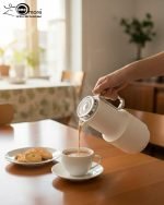 1-liter vacuum insulated thermos flask displaying three color options: green, white, and grey, standing side by side.