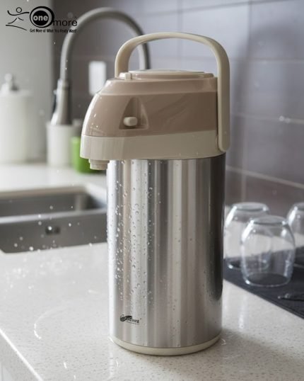 3-Liter Stainless Steel Airpot Thermos Flask with pump action dispenser and glass liner, displayed on a kitchen counter in Blue, Brown, and Green color options. Features callouts for rotating base, air-tight cap, and sleek handle.