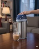 3-Liter Stainless Steel Airpot Thermos Flask with pump action dispenser and glass liner, displayed on a kitchen counter in Blue, Brown, and Green color options. Features callouts for rotating base, air-tight cap, and sleek handle.