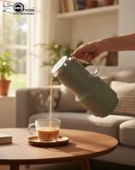 1-liter vacuum insulated thermos flask displaying three color options: green, white, and grey, standing side by side.