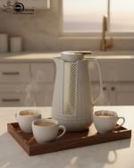 1 Litre vacuum flask thermos jug featuring a textured geometric design and gold accent strip. Shown in Off-White, Grey, and Black colors on a marble kitchen counter with callouts highlighting the glass interior, sleek handle, and air-tight cap.