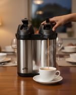 Double compartment stainless steel thermal airpot with 4-liter total capacity (2+2 liters), featuring dual pump dispensers, a carry handle, and a rotating base, shown pouring milk tea into a white cup.