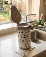 3 Liter Airpot Thermos Vacuum Flask with glass liner and pump dispenser, available in White, Brown, and Dark Brown with coffee print, featuring a rotating base and carry handle for tea and coffee storage.