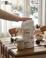 3 Liter Airpot Thermos Vacuum Flask with glass liner and pump dispenser, available in White, Brown, and Dark Brown with coffee print, featuring a rotating base and carry handle for tea and coffee storage.