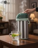3-Liter Stainless Steel Airpot Thermos Flask with pump action dispenser and glass liner, displayed on a kitchen counter in Blue, Brown, and Green color options. Features callouts for rotating base, air-tight cap, and sleek handle.