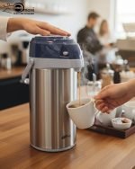 3-Liter Stainless Steel Airpot Thermos Flask with pump action dispenser and glass liner, displayed on a kitchen counter in Blue, Brown, and Green color options. Features callouts for rotating base, air-tight cap, and sleek handle.