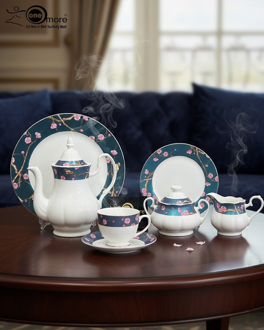 3 An elegant 24-piece white ceramic tea set with a teal floral border and pink cherry blossoms, featuring steaming tea on a dark wooden table in a cinematic lighting setting.