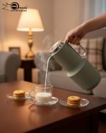 1-liter vacuum insulated thermos flask displaying three color options: green, white, and grey, standing side by side.