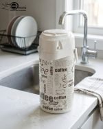 3 Liter Airpot Thermos Vacuum Flask with glass liner and pump dispenser, available in White, Brown, and Dark Brown with coffee print, featuring a rotating base and carry handle for tea and coffee storage.