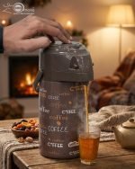 3 Liter Airpot Thermos Vacuum Flask with glass liner and pump dispenser, available in White, Brown, and Dark Brown with coffee print, featuring a rotating base and carry handle for tea and coffee storage.