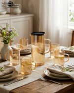 A high-quality amber-tinted glass water set featuring a tall cylindrical pitcher with a black lid and six matching glass mugs with handles, arranged on a rustic wooden table with soft natural lighting.