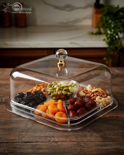 A versatile clear acrylic 2-in-1 serving dish shown in two uses: one as a divided tray filled with assorted dry fruits, nuts, and apricots, and the other as a pedestal cake stand holding a caramel-drizzled cake under a protective dome.