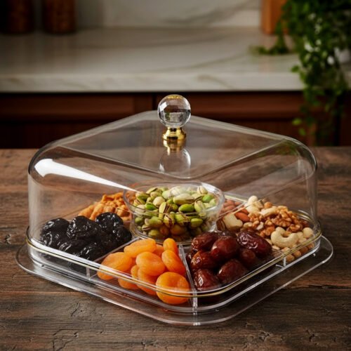 A versatile clear acrylic 2-in-1 serving dish shown in two uses: one as a divided tray filled with assorted dry fruits, nuts, and apricots, and the other as a pedestal cake stand holding a caramel-drizzled cake under a protective dome.