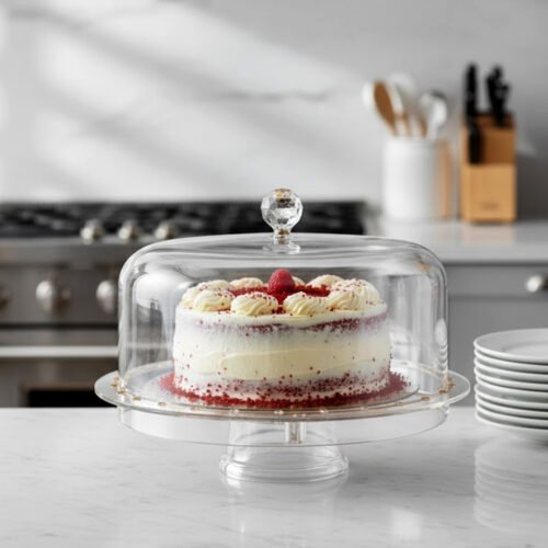 A versatile 2-in-1 clear acrylic serving dish shown in two settings: first as a pedestal cake stand holding a red velvet cake in a bright kitchen, and second as a flat sectional tray filled with almonds, pistachios, and dried apricots on a wooden coffee table.