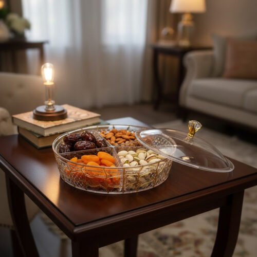 A round, transparent acrylic dry fruit server with four compartments filled with dates, apricots, almonds, and pistachios, sitting on a dark wood side table in a warmly lit living room.