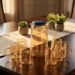 A 7-piece amber-tinted glass water set featuring a tall pitcher with a navy blue lid and six matching mugs arranged on a wooden table and a serving tray in a sunlit living room.