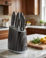 A professional 6-piece kitchen knife set featuring dark grey wood-grain patterned handles and a matching universal storage block, displayed on a white marble countertop with fresh lemons and herbs.