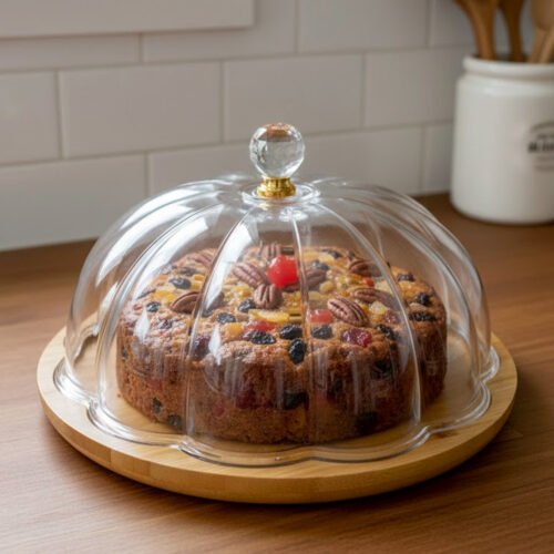Two round cake stands of different sizes on a white kitchen counter, featuring natural wooden bamboo bases and clear ribbed acrylic dome covers with decorative crystal knobs, containing fruit cakes.