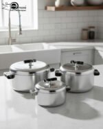 A set of three insulated stainless steel hotpots in 1L, 2L, and 3.5L sizes, featuring a sleek modern design and available in four different colors for kitchen and dining use.