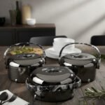 Three-piece insulated stainless steel hotpot set in 2L, 2.5L, and 3.5L capacities, featuring sleek designs in four different color options for food storage and serving.