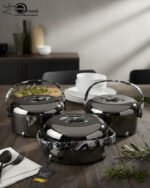 Three-piece insulated stainless steel hotpot set in 2L, 2.5L, and 3.5L capacities, featuring sleek designs in four different color options for food storage and serving.