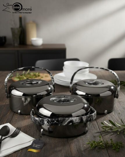 Three-piece insulated stainless steel hotpot set in 2L, 2.5L, and 3.5L capacities, featuring sleek designs in four different color options for food storage and serving.