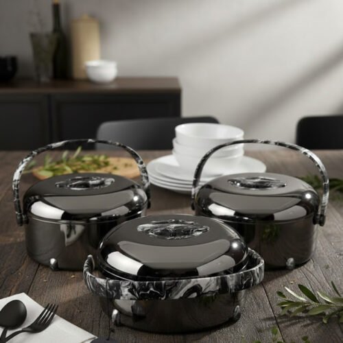 Three-piece insulated stainless steel hotpot set in 2L, 2.5L, and 3.5L capacities, featuring sleek designs in four different color options for food storage and serving.