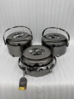 Three-piece insulated stainless steel hotpot set in 2L, 2.5L, and 3.5L capacities, featuring sleek designs in four different color options for food storage and serving.