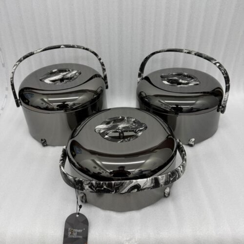 Three-piece insulated stainless steel hotpot set in 2L, 2.5L, and 3.5L capacities, featuring sleek designs in four different color options for food storage and serving.