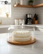A white frosted layer cake displayed on a natural wooden bamboo base, covered by a clear circular acrylic dome with a round glass-like knob on a white marble kitchen counter.