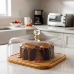 A chocolate cake with caramel drizzle sitting on a square bamboo wooden base, covered by a clear acrylic dome with a crystal handle on a white marble kitchen countertop.