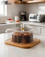 A chocolate cake with caramel drizzle sitting on a square bamboo wooden base, covered by a clear acrylic dome with a crystal handle on a white marble kitchen countertop.