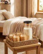 A high-quality amber-tinted glass water set featuring a tall cylindrical pitcher with a black lid and six matching glass mugs with handles, arranged on a rustic wooden table with soft natural lighting.