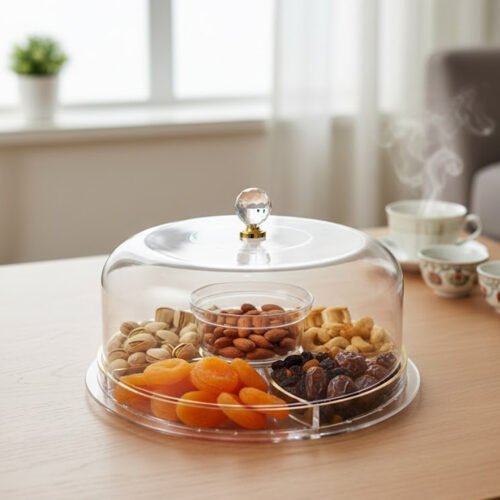 A versatile 2-in-1 clear acrylic serving dish shown in two settings: first as a pedestal cake stand holding a red velvet cake in a bright kitchen, and second as a flat sectional tray filled with almonds, pistachios, and dried apricots on a wooden coffee table.